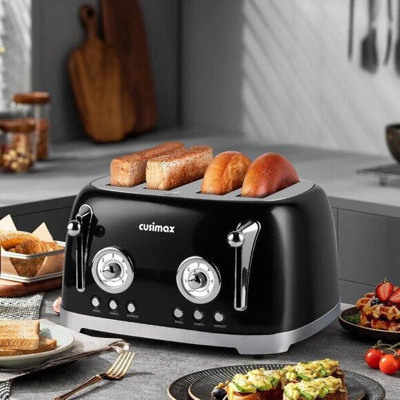 CUSIMAXToasters4SliceBlack Retro Toaster with Wide Slots for Bagels  Retro6Toast - Picture 1 of 6